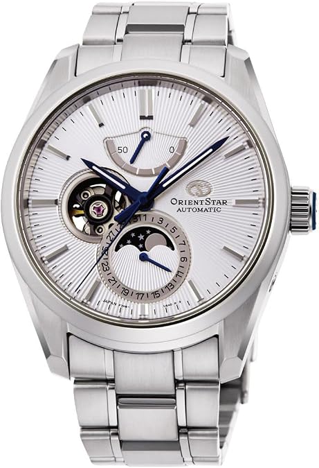 Orient Star Moon Phase Men Contemporary Automatic White Dial Sapphire Glass Watch RE-AY0002S, Silver