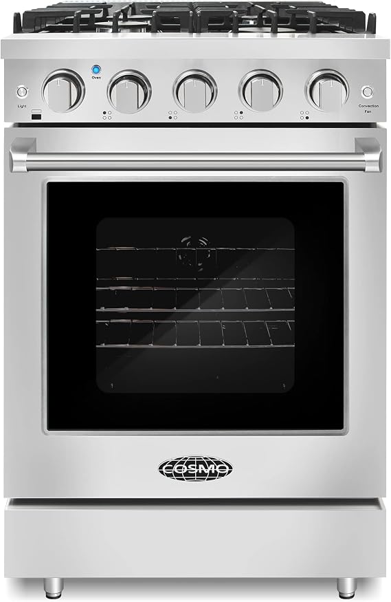 24 in. Haven Coll 3.7 cu ft 4 Burner Gas Range, Convection, Stainless Steel | Cosmo COS-EPGR244 Oven Fan Circulation, Cast Iron Grates, Mirror Finished Knobs, Black Porcelain Cooktop, LP Convertible
