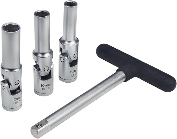 4 Piece Glow Plug Socket Set with 3/8" Dr T-Bar, Glow Plug Sizes (8mm, 10mm, 12mm) Ideal Broken Glow Plug Removal Tool