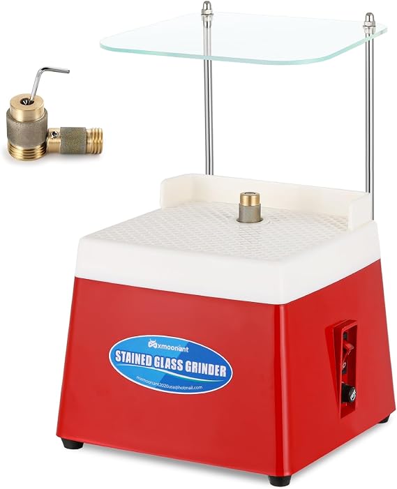 Mxmoonant Stained Glass Grinder w/ 5/8'' & 1'' Grinder Bits & Safety Guard | 4200r Mini DIY Grinding Tool Kit, for Shaping Ceramic Glass, Mosaics, Auto Water Absorption without Sponge 110V Red