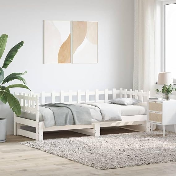 White Solid Pinewood Pull-Out Daybed Frame, 2x(90x190) cm Twin Guest Bed, Versatile Extendable Sofa Bed for Bedroom & Living Room Furniture
