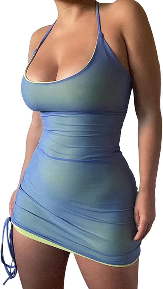 Women's Color Block Summer Bodycon Spaghetti Strap Mini Dress
