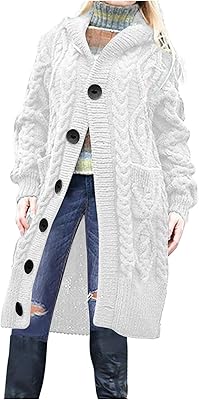 Hooded Cardigan Sweater for Women Fall Winter Cable Knit Coat Button Down Chunky Long Coats with Pocket