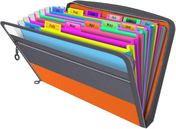 Expanding File Folder, Accordion Document Box File Organiser with 13 Multicolour Pockets and Tabs,A4 Paperwork Filing Folders, Orange