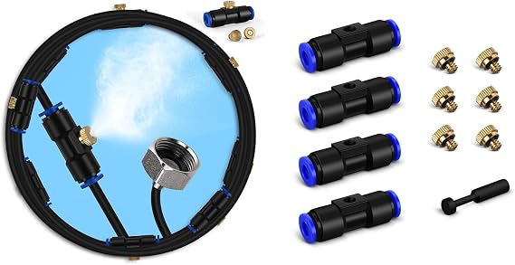 lifeegrn Misting Cooling System, Misters for Outside Patio, 82 FT Misting Line+21 Mist Nozzles+3/4" Brass Adapter + Brass Misting Nozzle Kit 1Pack