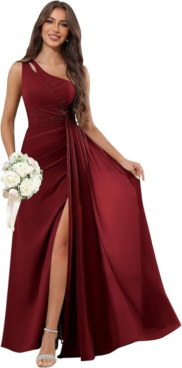 Sukleet One Shoulder Bridesmaid Dresses for Women A Line Ruched Chiffon Long Formal Wedding Guest Dress with Slit