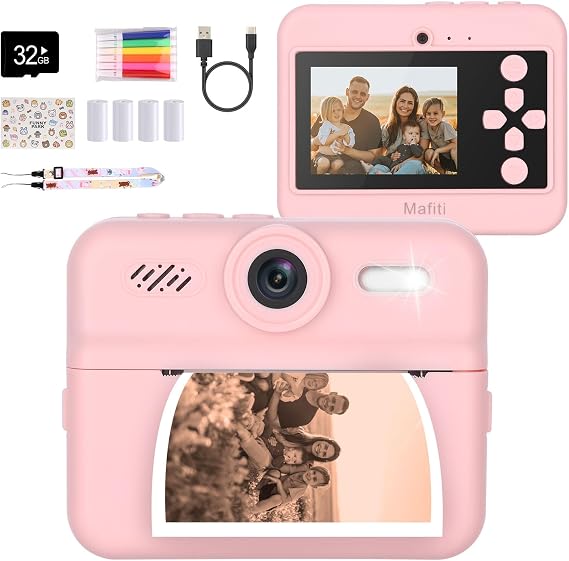 Mafiti Kids Camera Instant Print, 48MP Digital Camera Selfie 1080P Video with 32G TF Card, Toys Gifts for Girls Boys Aged 3-12 for Christmas/Birthday/Holiday (Pink)