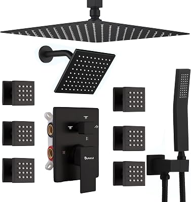 Four Modes Shower Faucet Set Ceiling Mount 12 Rain Shower Head & 6 Wall Mounted Head with 6PCS Body Jets Dual Shower Head Shower System with Body Jets Matte Black