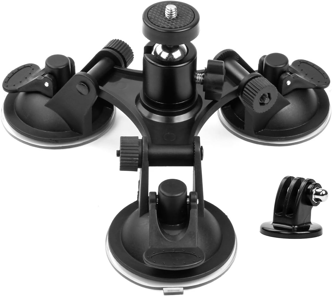 Geila Triple Suction Cup Mount Camera Suction Mount Car Mount Holder Window Mount with 14 Threaded Head 360 Degree Tripod Ball Head