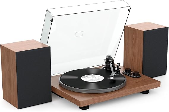 Udreamer Record Player Turntable Hi-Fi System with 40W Bookshelf Speakers, Bluetooth with Aluminum platter, Built-in Phono Preamp, Belt Drive 2-Speed, Adjustable Counterweight, AT-3600L, Brown
