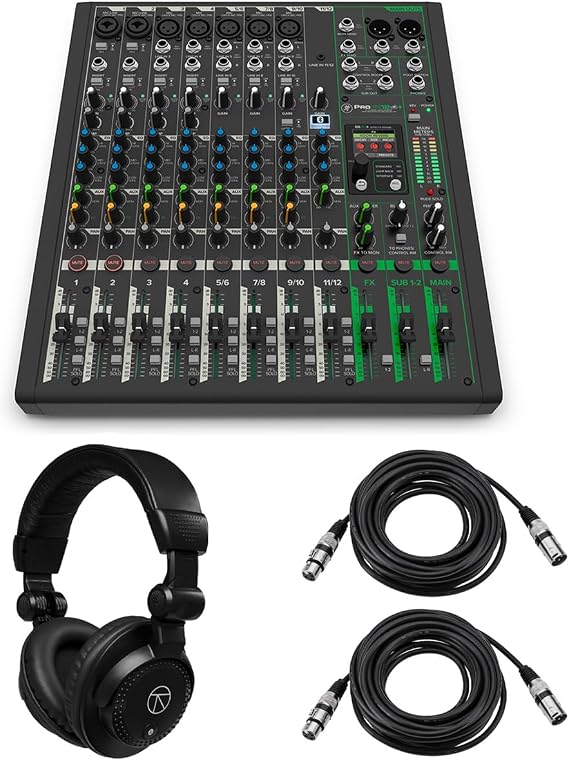 Mackie ProFX12v3+ 12-Ch Analog Mixer w/Enhanced FX, Bundle With Turnstile Audio Headphones, 2x XLR M to F Cable 25' (Number of Channels: 12)
