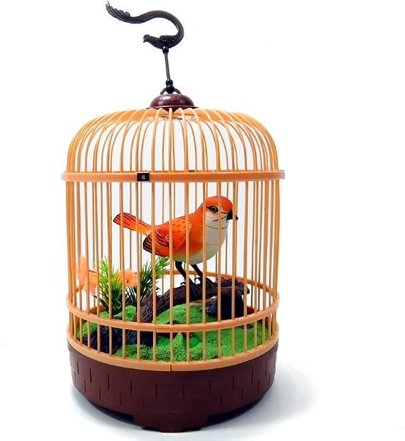 & Trading BC507G Singing & Chirping Bird in Cage - Realistic Sounds & Movements Orange - 10.5 x 7 in.
