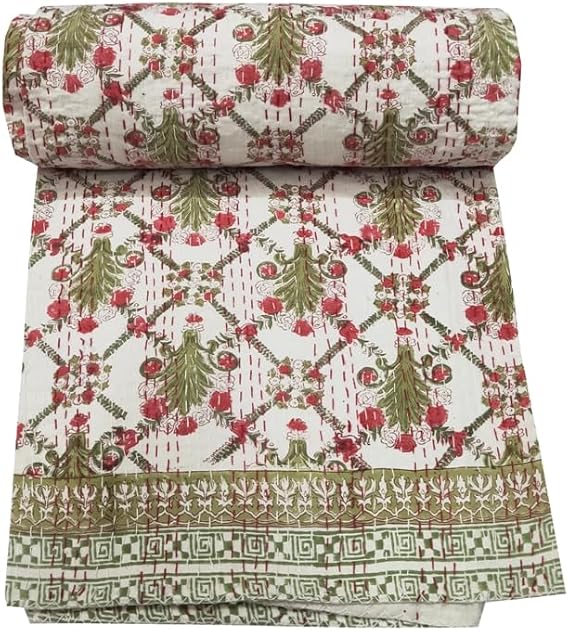 YUVANCRAFTS Indian Block Print Quilt Queen Kantha Quilts Kantha Throw Kantha Bedspread Blanket Cotton Bed Cover Quilt Boho Kantha Quilts Bedspread (Green & Red, Twin 90 X 60 Inch)