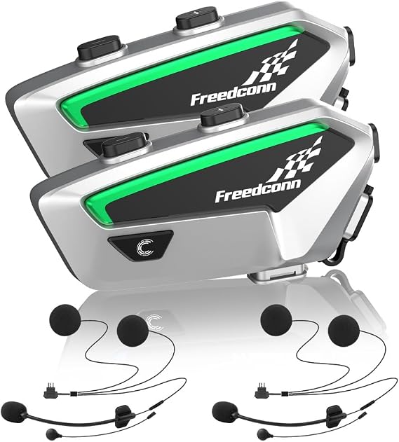 FreedConn FX Motorcycle Bluetooth Headset with Music Sharing, 2pcs 10 Riders 1500m Group Helmet Intercom with Noise Cancellation/FM Radio/Universal Pairing, Silver Ultra-Thin Body