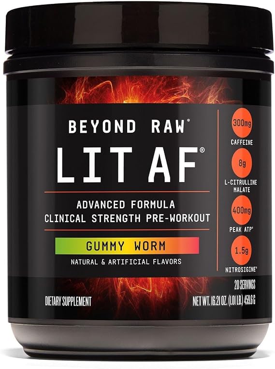 BEYOND RAW LIT Advanced Pre Workout Formula, for Energy, Focus, Endurance, Pumps, with 300mg Rapid and Targeted Release Caffeine, Creatine, Betaine, Beta Alanine, Taurine, 20 Servings