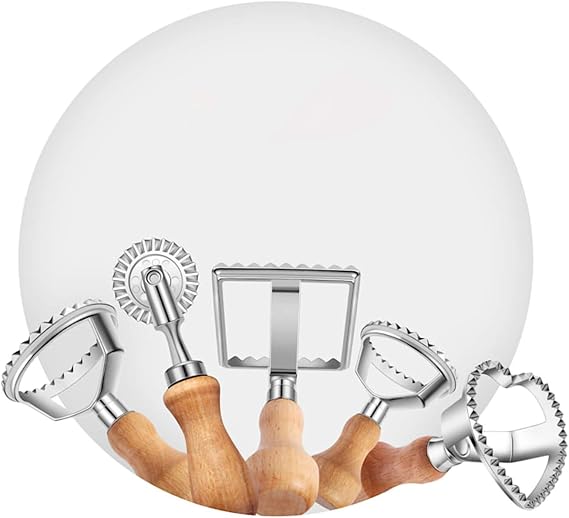 Ravioli Cutter Stamp Maker and Pasta Roller Wheel Cutter Set, Round Square Shape Fluted Press Mold with Wooden Handle for Kitchen Ravioli Machine (5 Set)