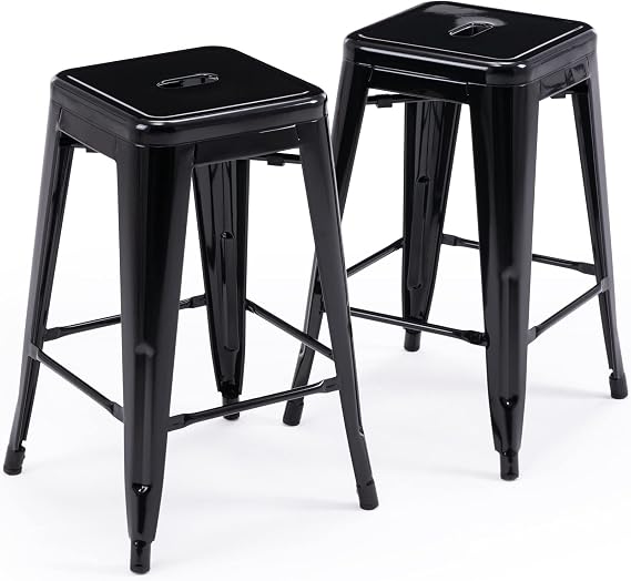 24 Inch Metal Bar Stools Set of 2, Stackable for Indoor Outdoor, Black | No Assembly, Waterproof & Rustproof, 300LBS Capacity, Space-Saving Stackable, Backless, Easy to Move, Non-Slip Feet