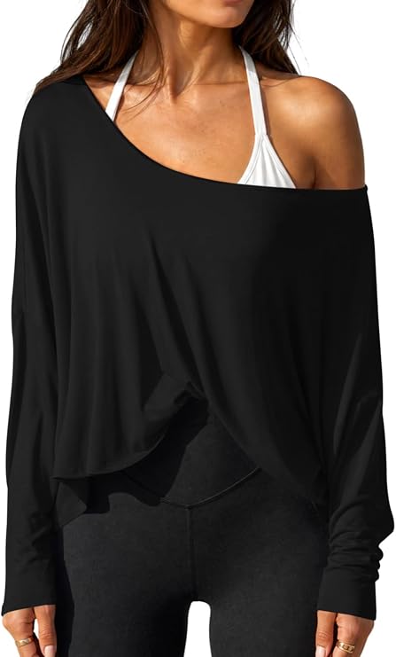 Fisoew Womens Off the Shoulder Tops Oversized Long Sleeve Workout T Shirts