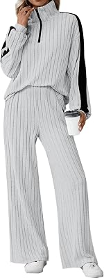 JUSTFASHIONNOW Womens 2 Piece Outfits Ribbed Knit Lounge Sets Cozy Half Zip Sweatsuit Sets Wide Leg Jogger Tracksuits