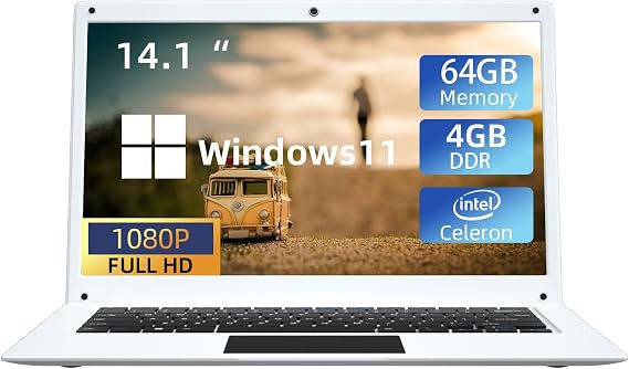 14.1 inch Laptop Computer,Celeron N3450,4GB RAM and 64GB SSD,Windows 11 Laptop Computers with FHD 1920 * 1080 IPS Display Notebook PC,Slim and Lightweight Notebook,Work and Students laptops,White, WPS