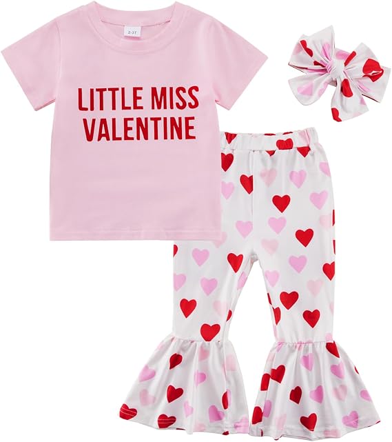 Baby Girl Clothes Valentines Day Outfit 12-18 Months Girl Clothes Print Shirt Tops Valentine Pants Set 3Pcs Spring Outfits for Girls (Pink)