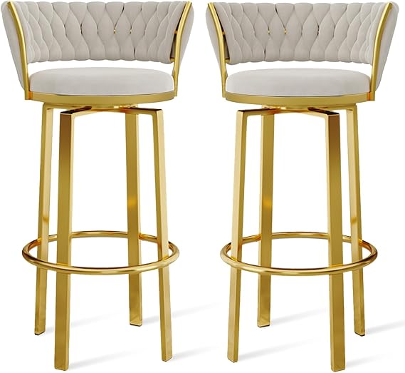 360 ° Swivel Height Bar Stools Set of 1/2/3/4, Open-back Velvet Barstools with Woven Back and Gold/Black Footrest, Dining Chairs for Kitchen Island Pub,White Gold Leg,2 PCS
