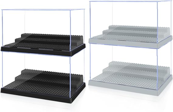 4 Pack Display Case for Minifigure Action Figures Blocks, Acrylic Minifigure Display Case Box Storage with 3 Movable Steps (Black+Gray)