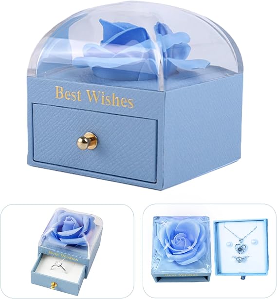 Rose Ring Box,Proposal ring box rotates 360 degrees. Square Velvet Jewelry Box for Proposal Ring, Ceremony, Wedding or Special Occasions (light blue)