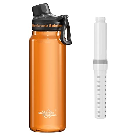 Membrane Solutions C3 Filtered Water Bottle, 36oz BPA-Free Bottle with Replaceable ACF+UF Filter Cartridge, Portable Water Filter, Travel, Hiking & Camping for Drinking Water Anywhere(Orange)