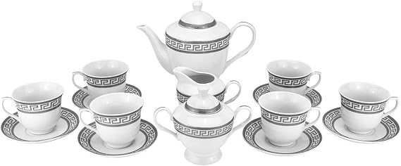 Royalty Porcelain Tea Coffee Set 17pc Antique Greek Design Porcelain (Silver)