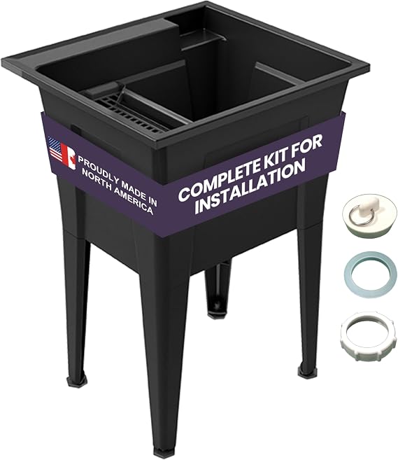 24” Utility Sinks for Laundry Room, Garage, Garden, Basement - Black | Indoor and Outdoor Use, 19.5 Gal Capacity, No Faucet Included, Rust Proof, Adjustable Legs