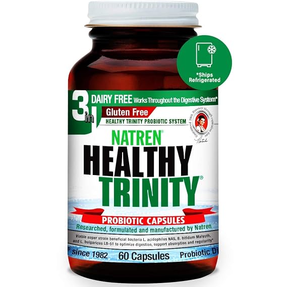 Natren Healthy Trinity Probiotics Supplement - 60 Dairy and Gluten Free Gel Capsules - Improve Gut and Digestive Health, 30 Billion CFU - Lactobacillus Acidophilus, Bifidobacterium, Bulgaricus