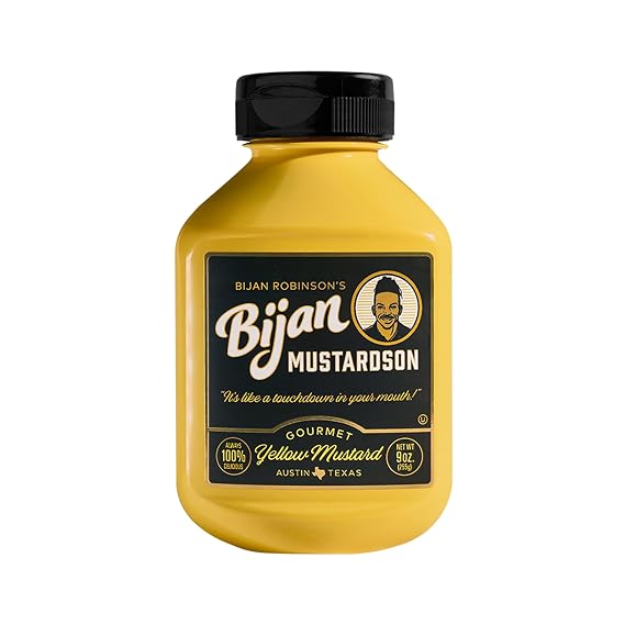 Bijan Mustardson Yellow Mustard, Tangy & Savory 9 oz Real Onion & Garlic, Bold Ballpark Flavor, Premium Condiment for Dogs, Burgers, Sandwiches
