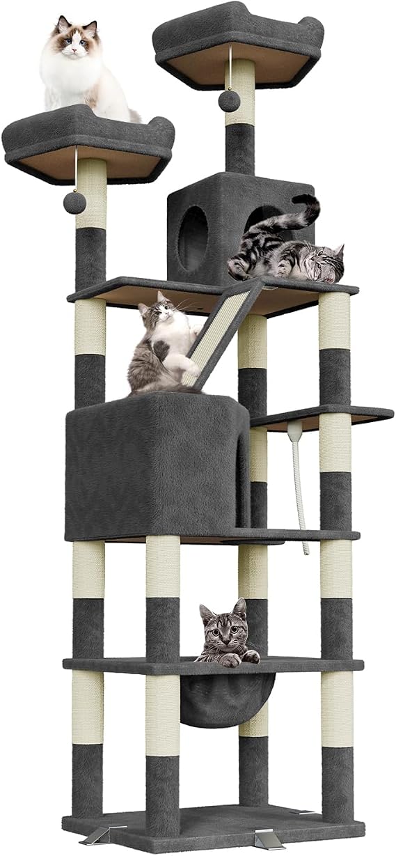 208 cm Cat Tree for Indoor Cats, Multi-Level Cat Tower for Large Cats with Sisal Scratching Posts, Large Plush Perches, Cat Condo, Scratching Ramp, Hammock, Stable Anti-Tip Cat Climbing Frame