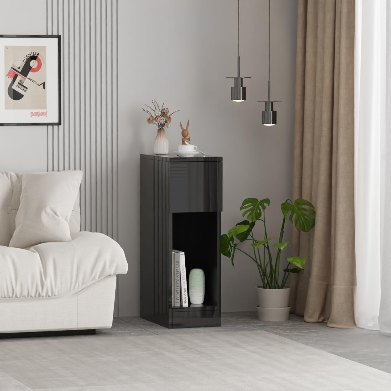 Pantanal Slim Wood Bedside Table Bedroom Nightstand with Shelf and Drawer, Narrow Bathroom Small Floor Storage Cabinet Living Room End Sofa Side Table Balck High Glossing