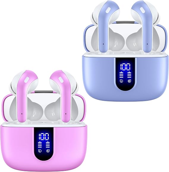TAGRY 2 Sets X08 Purple and Sunset Pink Bluetooth Headphones True Wireless Earbuds 60H Playback Ear Buds with Wireless Charging Case in-Ear Earbuds with Mic