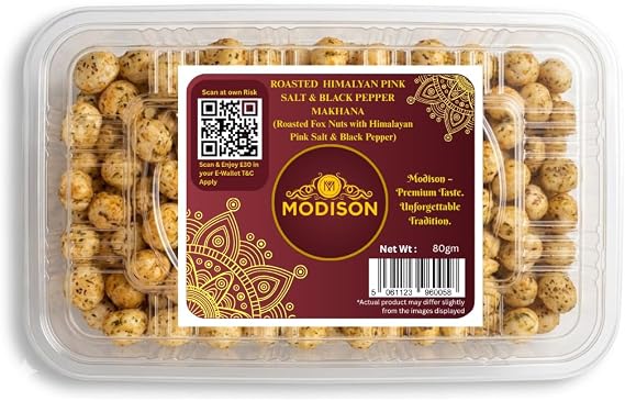 MODISON Roasted Fox Nuts (Makhana) Himalayan Pink Salt & Black Pepper | Gluten Free Vegan High Protein Healthy Snack | Not Fried | 80g