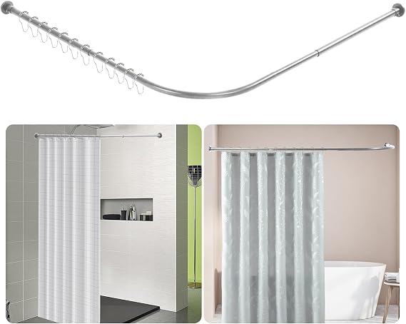 Shower Curtain Rail L Shape, Adjustable Corner Shower Curtain Rod, Wall Mounted 304 Stainless Steel Curved Shower Rail With 12 Rings for Bathroom Bathtubs (Silver, 68-138cm x 68-138cm)