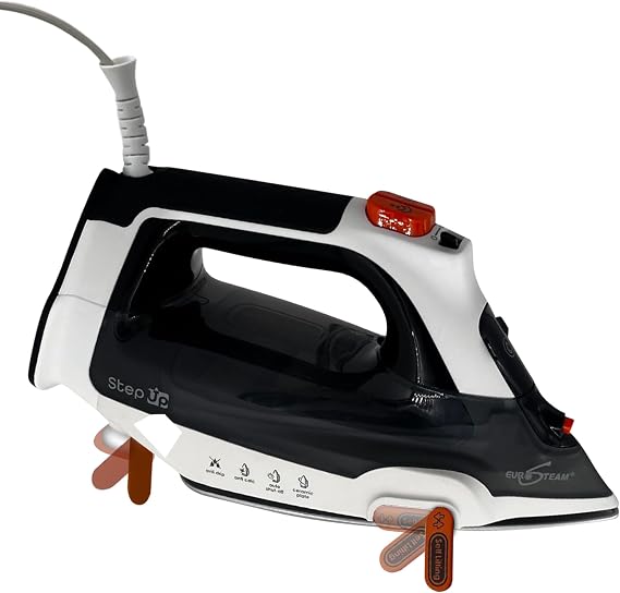 Eurosteam Step Up Self-Lifting Steam Iron | 1800W self-lifting steam iron with smart temp tech. Ceramic soleplate automatically raises to prevent burns.