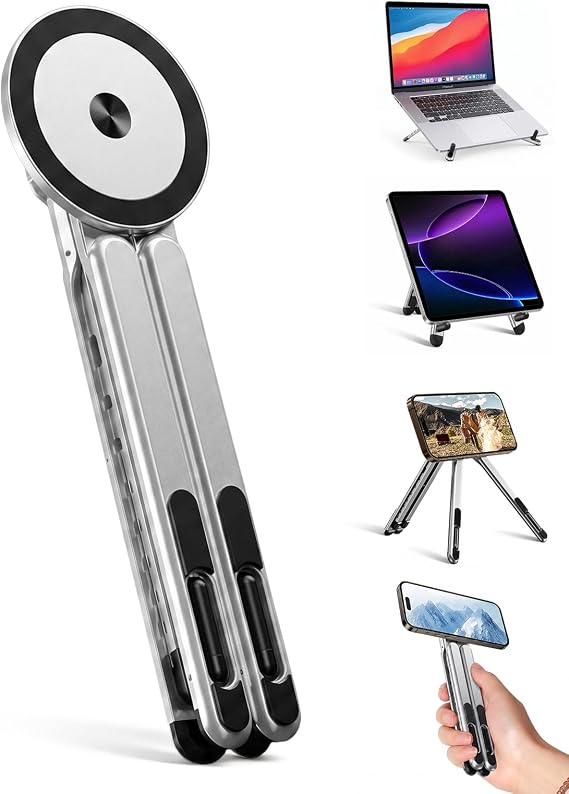 4-in-1 Foldable Laptop Stand & Magnetic Phone Holder, Silver Aerospace Aluminum Portable Desk Mount with N52 MagSafe Compatible Tripod Handle for MacBook Pro, iPad, Travel & Vlogging