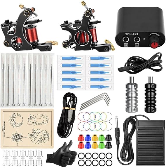 Coil Tattoo Machine Kit with Power Supply - Complete Tattoo Starter Kit, Liner and Shader Machines, Adjustable Power Unit and Accessories for Practice
