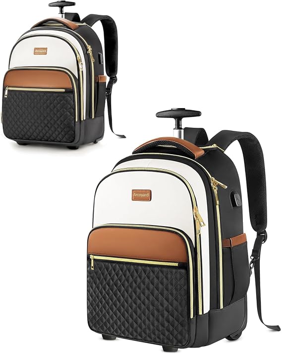 Arcoyard Small Rolling Backpack for Women, Lightweight Travel Backpack with Wheels, Roller Backpacks for Adults, Water Resistant Rolling Laptop Bag, Beige Brown