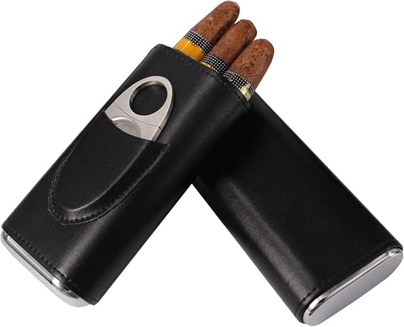 AMANCY Classic Black Leather 3 Fingers Cigar Case with Cedar Wood Lining, Jacket Pocket Suitable Travel Cigar Humidor Holder Silver Stainless Steel Cutter Contained
