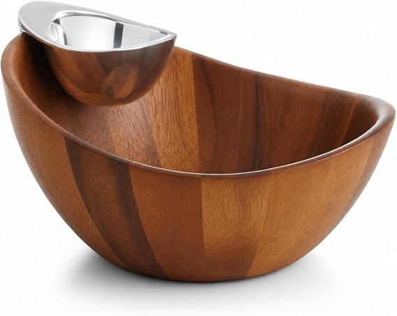 nambe Harmony Chip and Dip Server | Chips and Salsa Serving Dish | Salad Bar Serving Set for A Party | Chilled Dip Serving Bowl | Made of Acacia Wood and Metal Alloy