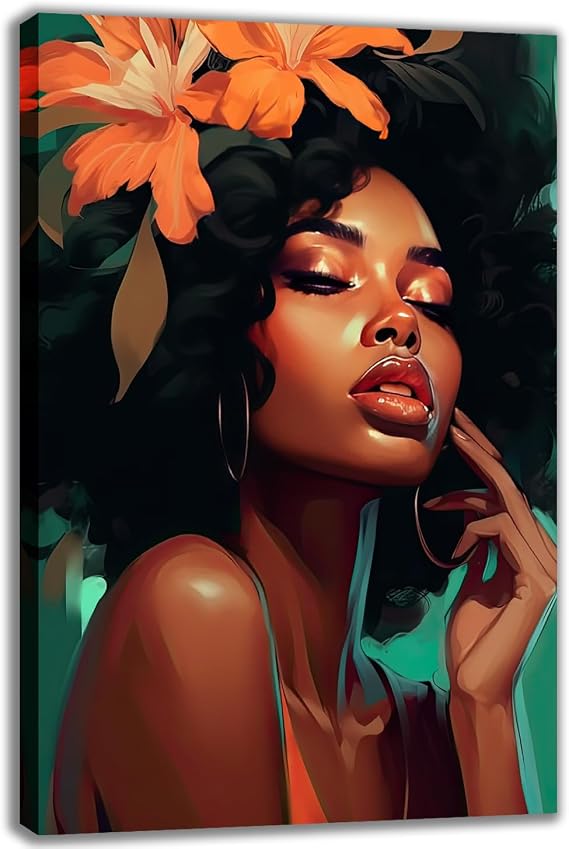African American Woman Canvas Wall Art, Sexy Black Girl Poster Print Afro African American Woman Girl Painting Picture for Bedroom Bathroom Decor(Artwork-01, 12"x18")