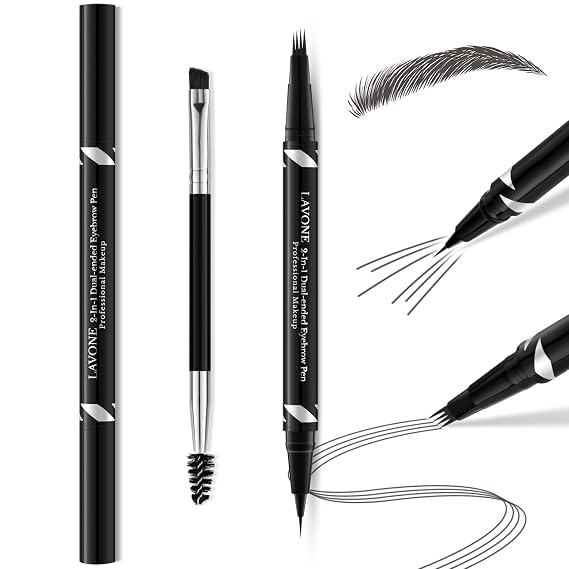 LAVONE 2-IN-1 Dual-ended Waterproof Eyebrow Pencil, 4 Tip Microblading Pen & Ultra-Precise Brow Pencil, Dual-ended Eyebrow Brush - Dark Grey 01