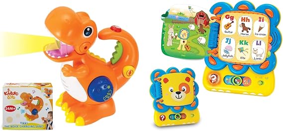 KiddoLab Tikki The Dino & Chapa The Lion Combo - Dinosaur Microphone Toy & Alphabet Book Set with Voice Changer, Lights, Melodies for Early Learning & Development, Ages 2-4 Years.