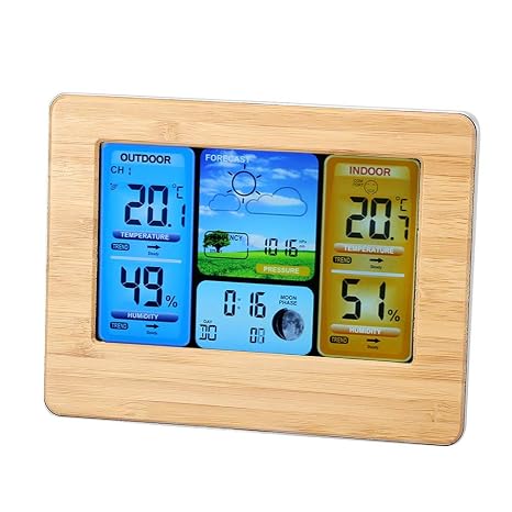 Wireess Weather Station, Weather Forecast Station with Outdoor Sensor,LCD Digital Weather Station Clock Thermometer Indoor&Outdoor Humidity(Yellow)