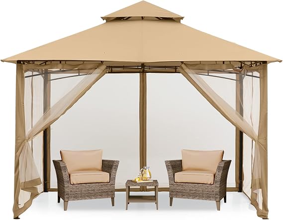 MASTERCANOPY 9x9 ft Heavy Duty Patio Gazebo with Netting Walls, Beige