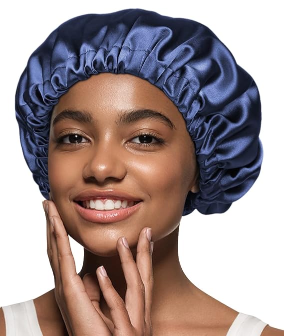 Satin Bonnet Silk Bonnet Sleep Cap for Women Large Adjustable Satin Hat Navy
